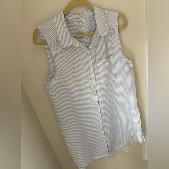Sundance Classic Memories Blue & White Striped Linen Tunic Top Size Large Petite - Picture 7 of 15